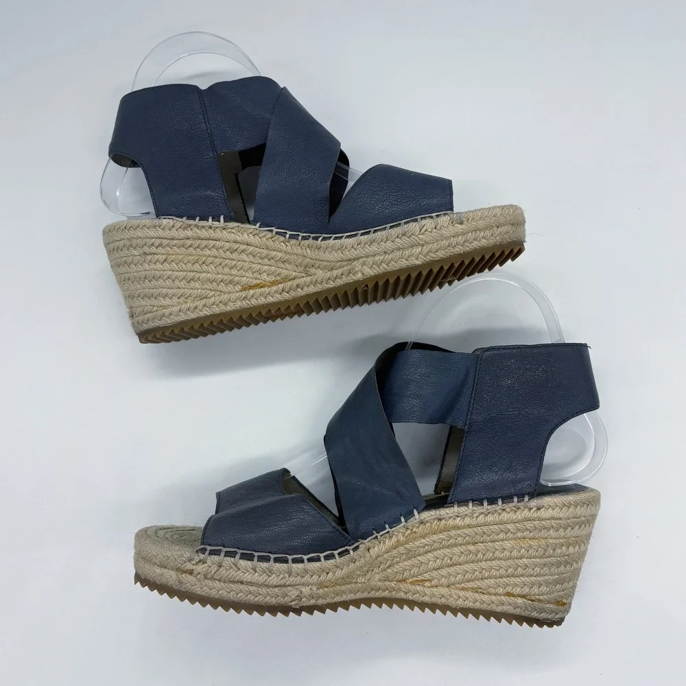 Eileen Fisher Willow Espadrille Wedge‎ Sandals Size 7.5 Blue Leather Strappy